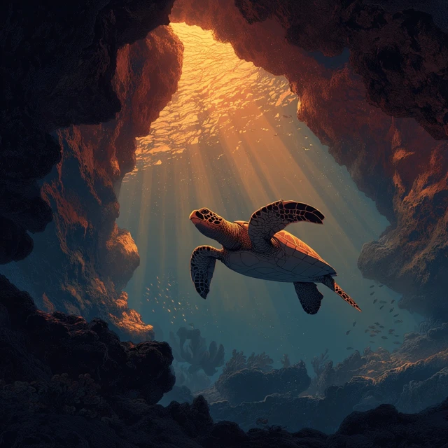 Underwater Turtle Volcanic Scene Illustration