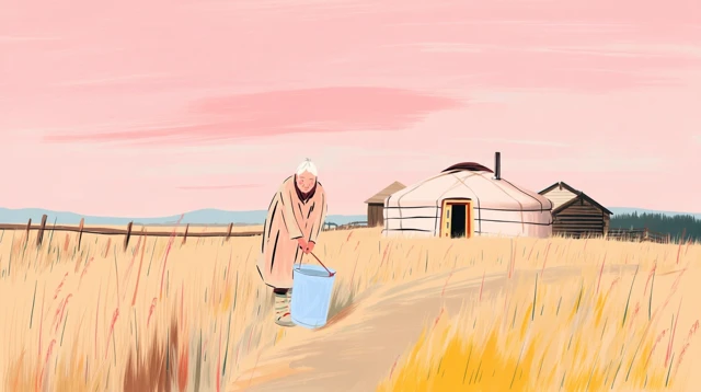 Mongolian Yurt Scene Mother and Bucket