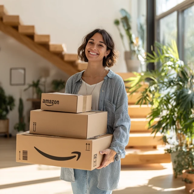 Amazon Delivery Lifestyle Photo Happy Woman Modern Home
