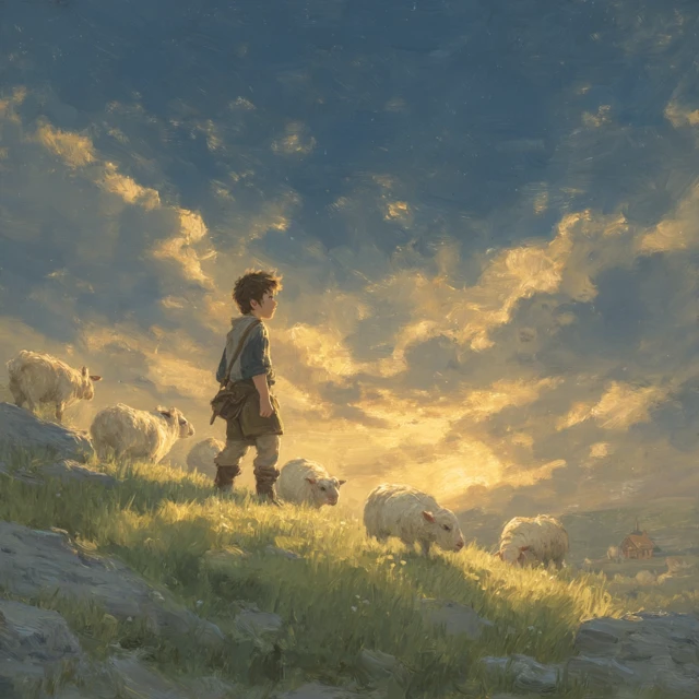Shepherd Boy and Sheep Pastoral Oil Painting