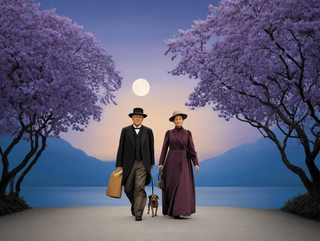 Victorian Couple Walking Dog on a Moonlit Path