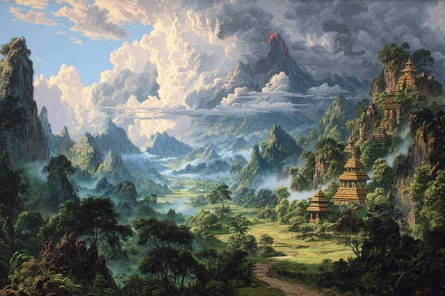 Fantasy Landscape Painting with Volcano and Temples