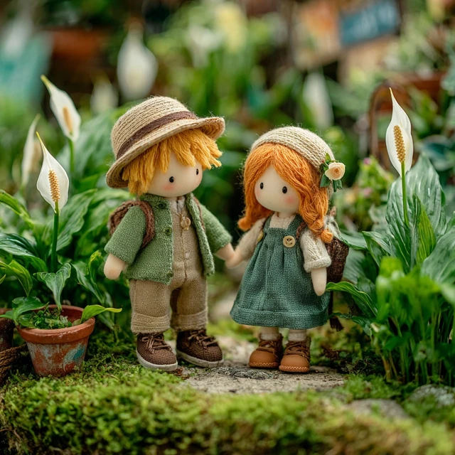 Red Haired Dolls Holding Hands with Peace Lilies