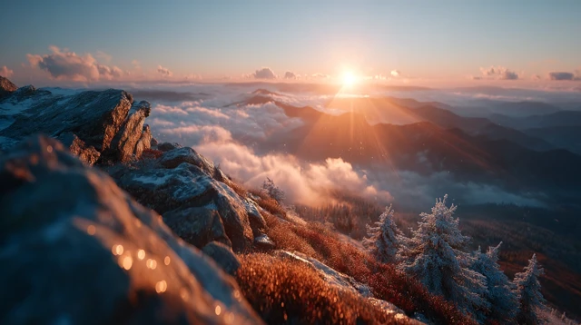 Sunrise Over Cloud Ocean Mountain Peak