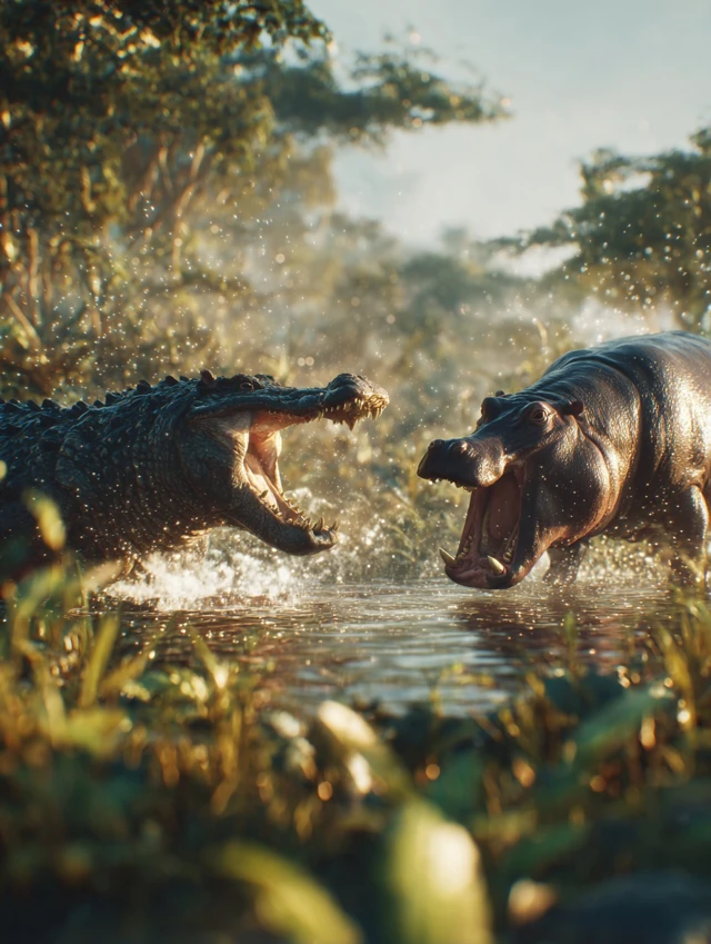 Crocodile vs Hippo Battle River Bank