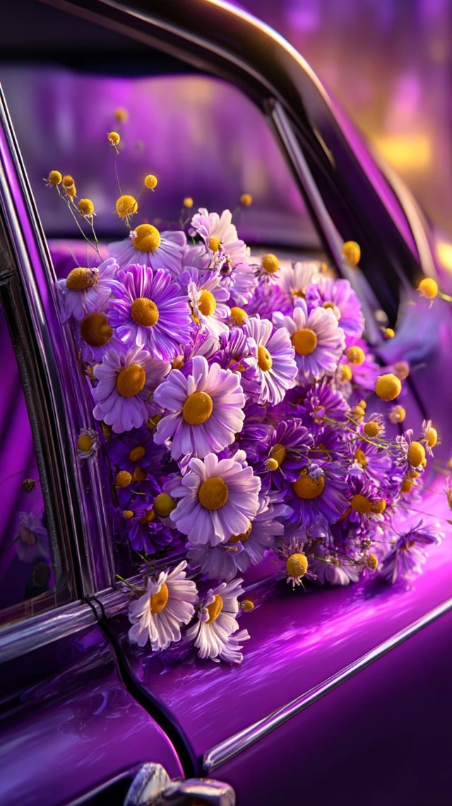 Purple Car with Flowers Summer Vibes