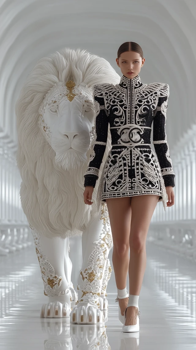 Futuristic Queen and Lion King in Chanel Couture 3D Render