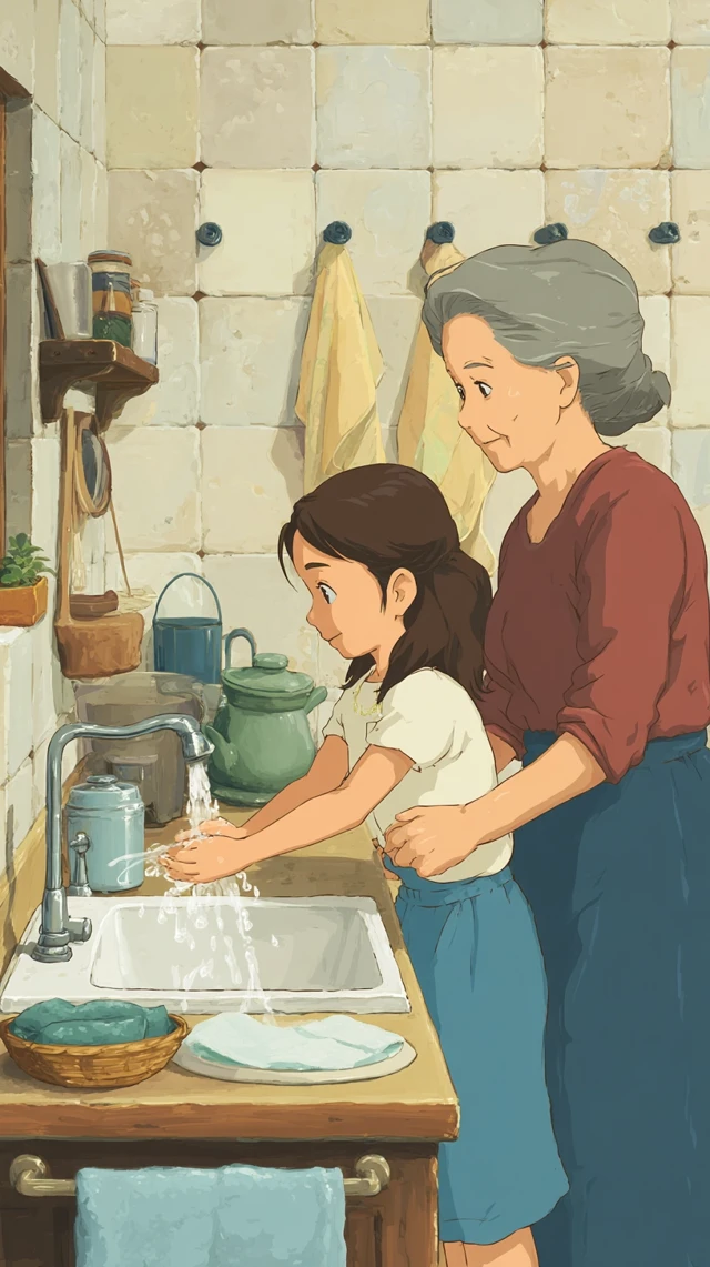 Ghibli Girl Washing Hands With Grandma