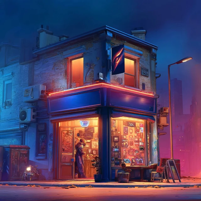 Cyberpunk Tech Store Night Scene