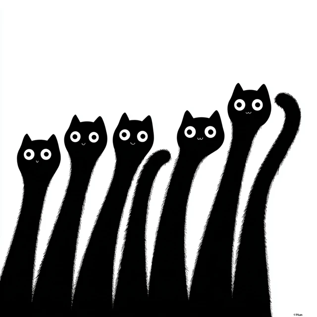 Cute Black Cat Tails White Faces Vector Art