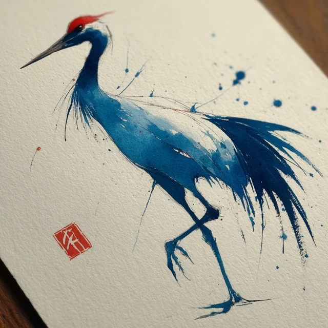 Indigo Crane Watercolor Art