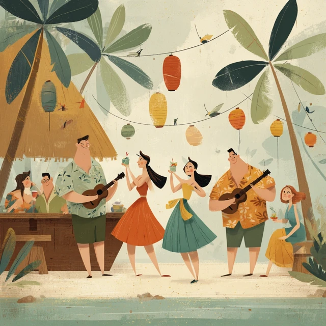 Tropical Tiki Bar Illustration Hula Dancers Ukulele Music
