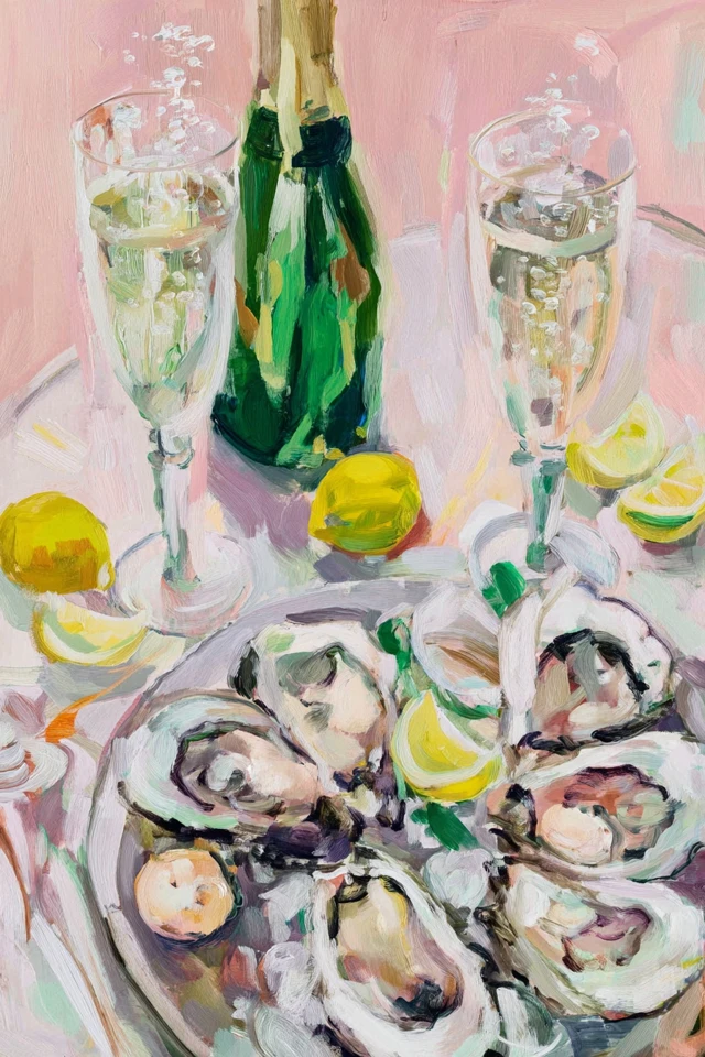 Oysters Champagne Fine Art Painting Coastal Dining