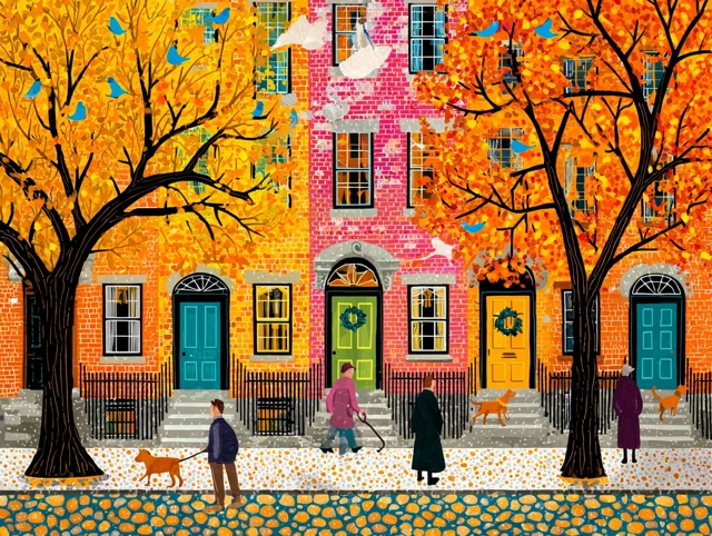 Autumn Scene Townhouse with Colorful Doorways