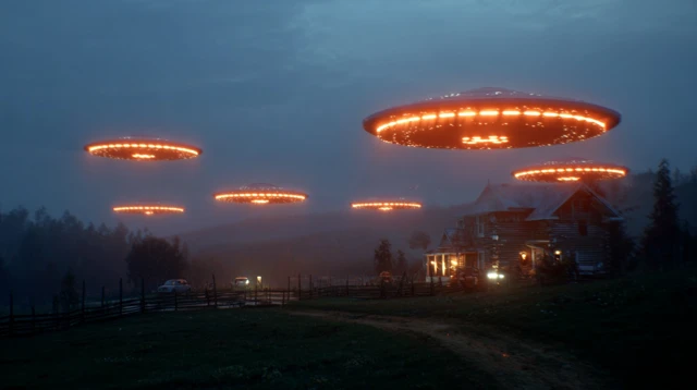 UFOs Over Rural Landscape Dusk Photorealistic
