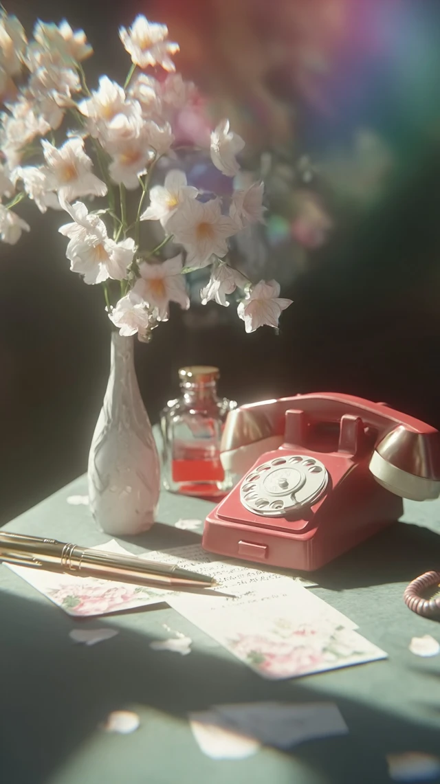 Vintage Desk Still Life with Telephone and Flowers