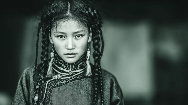 Tibetan Girl Portrait: Black and White, Warm Tones