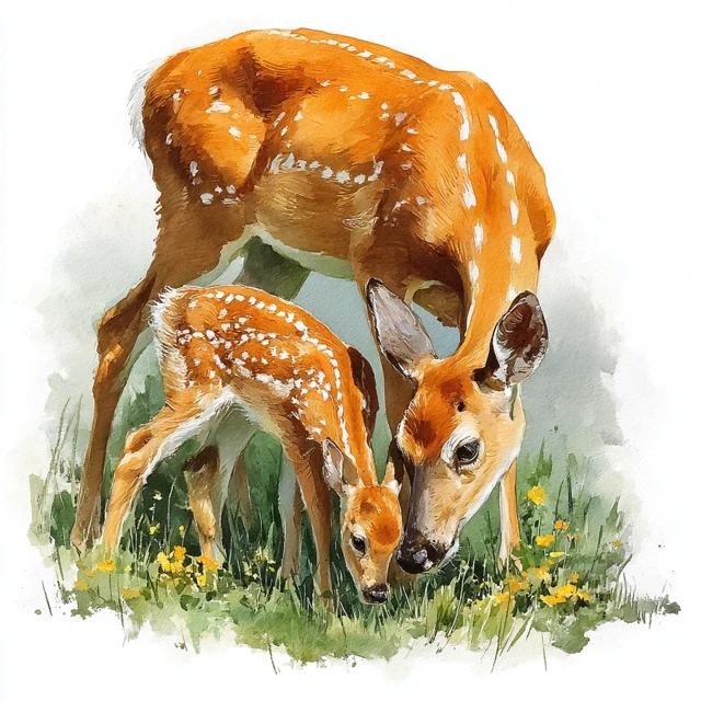 Watercolor Deer Illustration Mother and Fawn Grazing