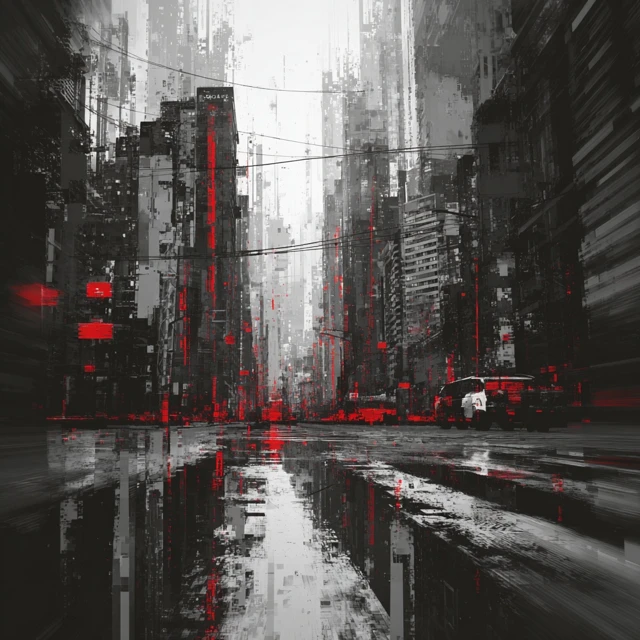 Cyberpunk City Street with Glitch Art and Red Accents