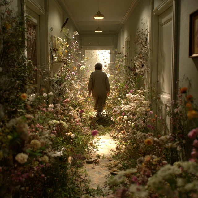 Dreamlike Hallway Old Woman Floral Scene