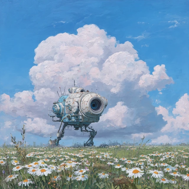 Fantastical SciFi Painting Cloud Daisies and Playful Machines