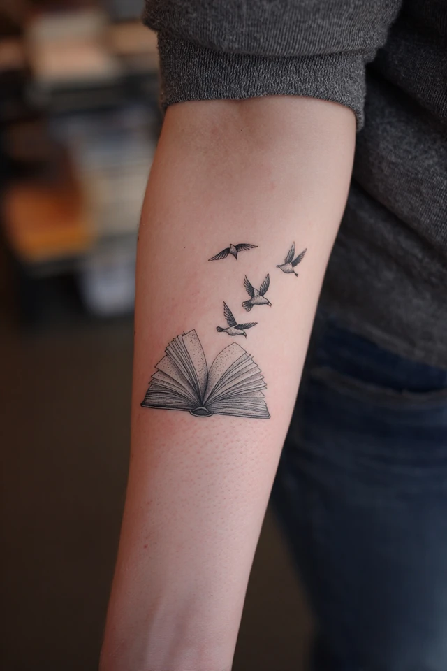 Book and Birds Tattoo Symbolizing Freedom and Knowledge