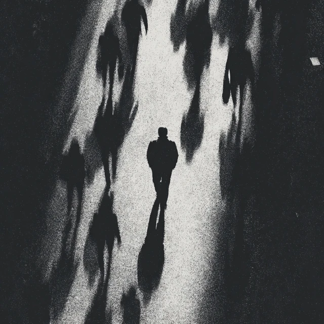 Man Walking Alone Black and White Illustration