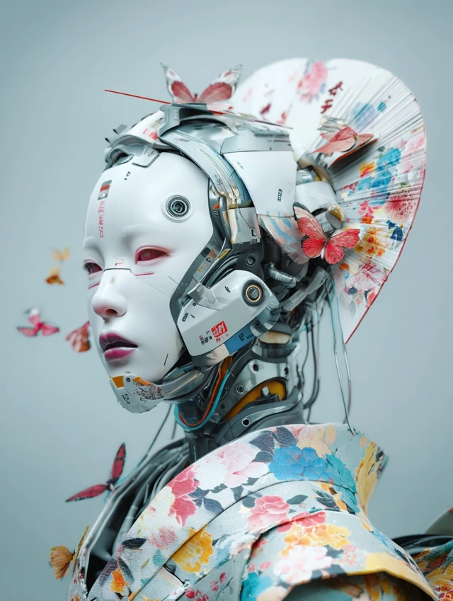 Cyberpunk Geisha Robot with Pastel Colors