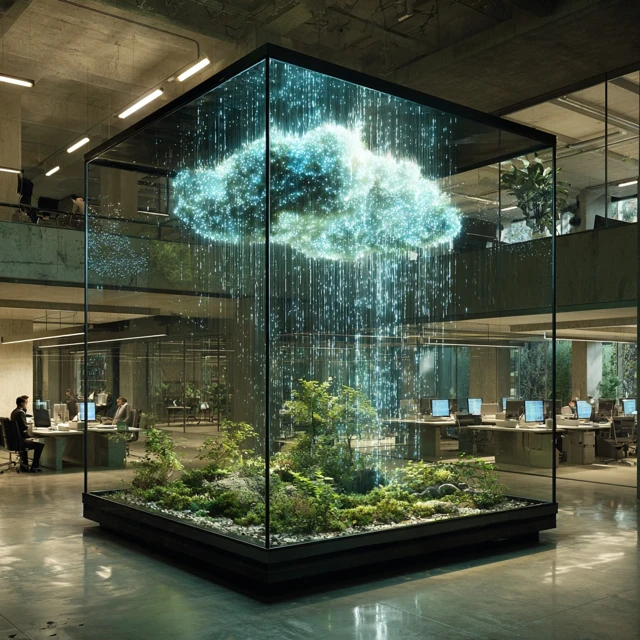 Modern Office Interior Glass Cube Garden and Data Rain