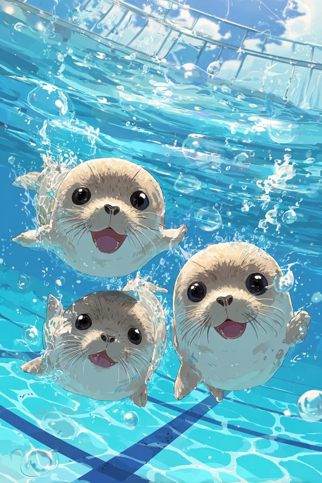 Adorable Anime Seals Swimming in Pool for Jersey Design