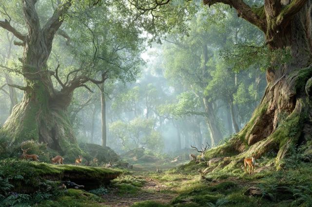 Serene Forest Clearing with Deer Sunlight and Trees