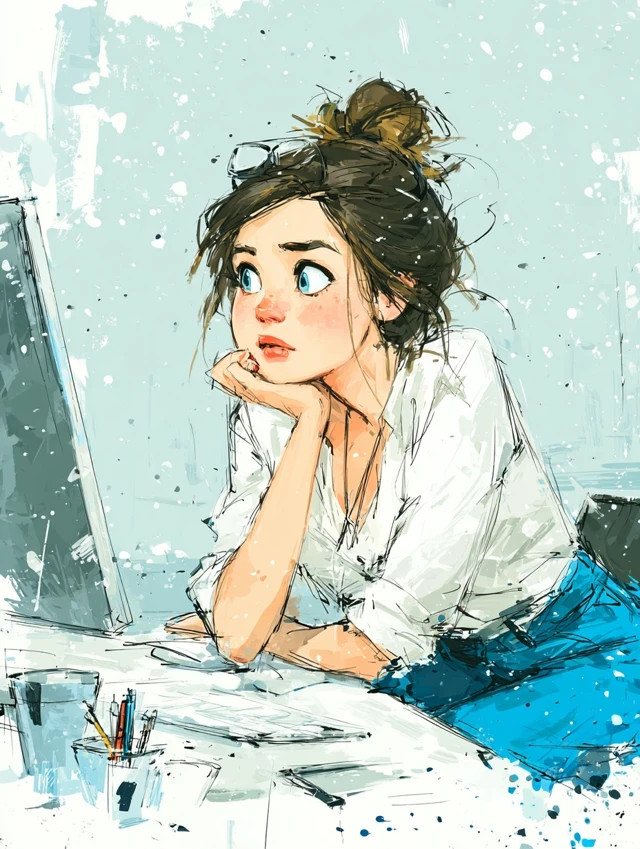 Girl at Desk Hand Drawn Illustration