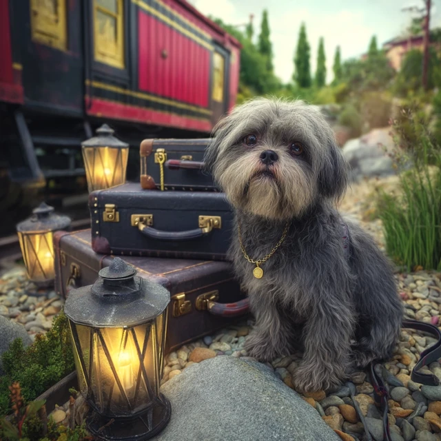 Lhasa Apso on Suitcase Abandoned Train Station