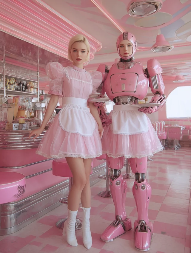 Retro Futuristic Diner Robots Pink Dream