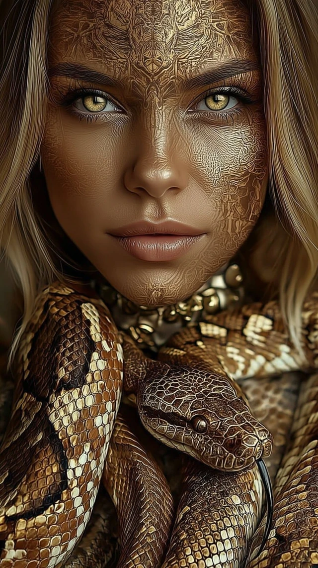 Serpent Queen Portrait Golden Eyes Snake Skin