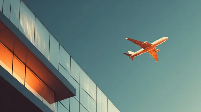 Airplane over Modern Building