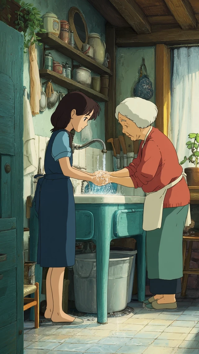 Ghibli Girl Washing Hands With Grandma