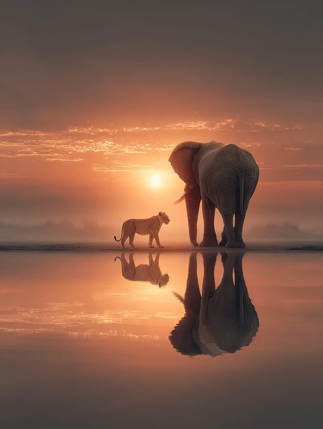 African Sunrise Lion Cub and Elephant