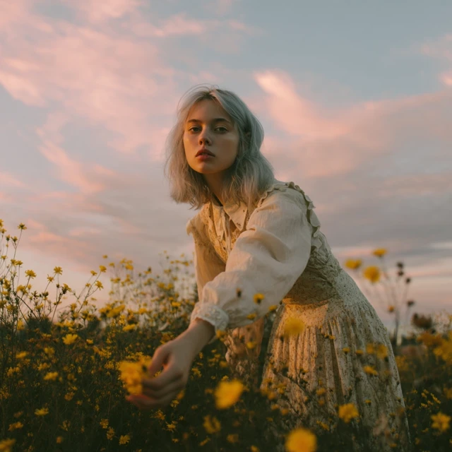 Editorial Model in Field Golden Hour Photography