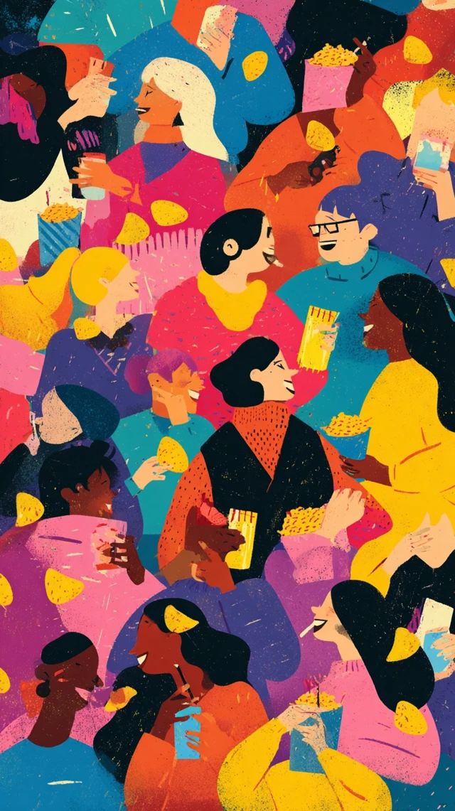 Community Gathering People Eating Chips Illustration