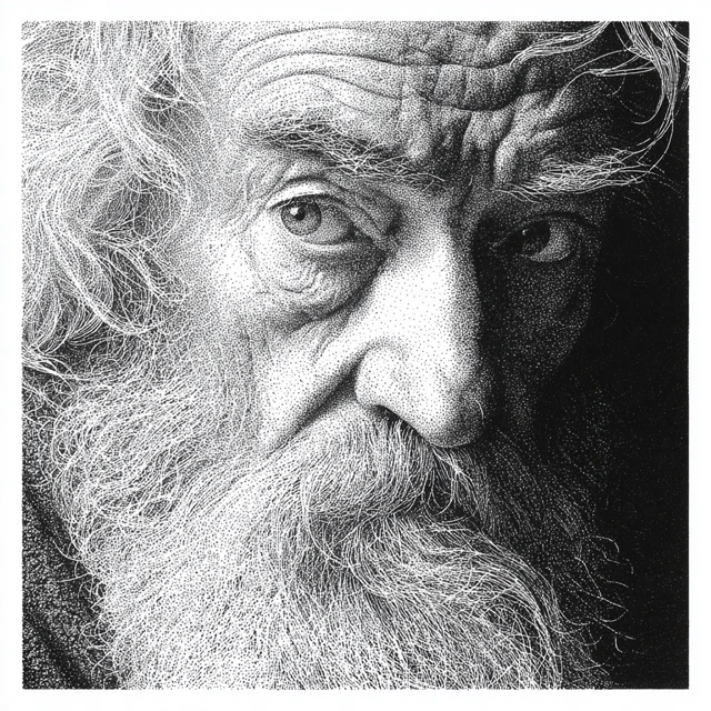 Pointillist Portrait of an Old Man Black and White