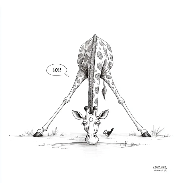 Funny Giraffe Drinking Water Cartoon Illustration
