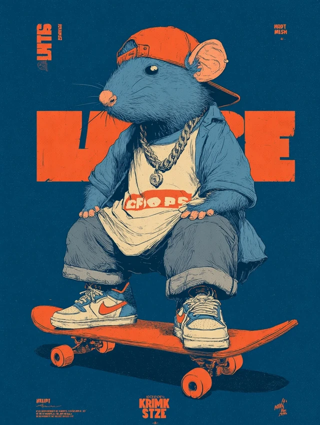 Retro Skateboarding Rat Mascot 1950s Comic Style
