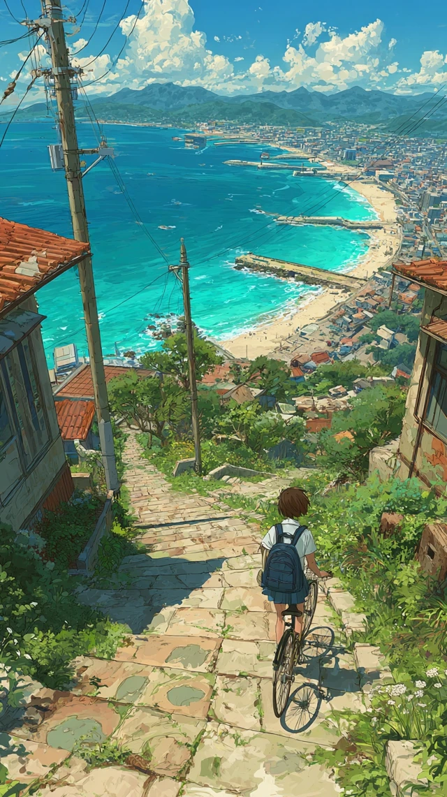 Anime Coastal City Girl and Bike Dreamy Illustration