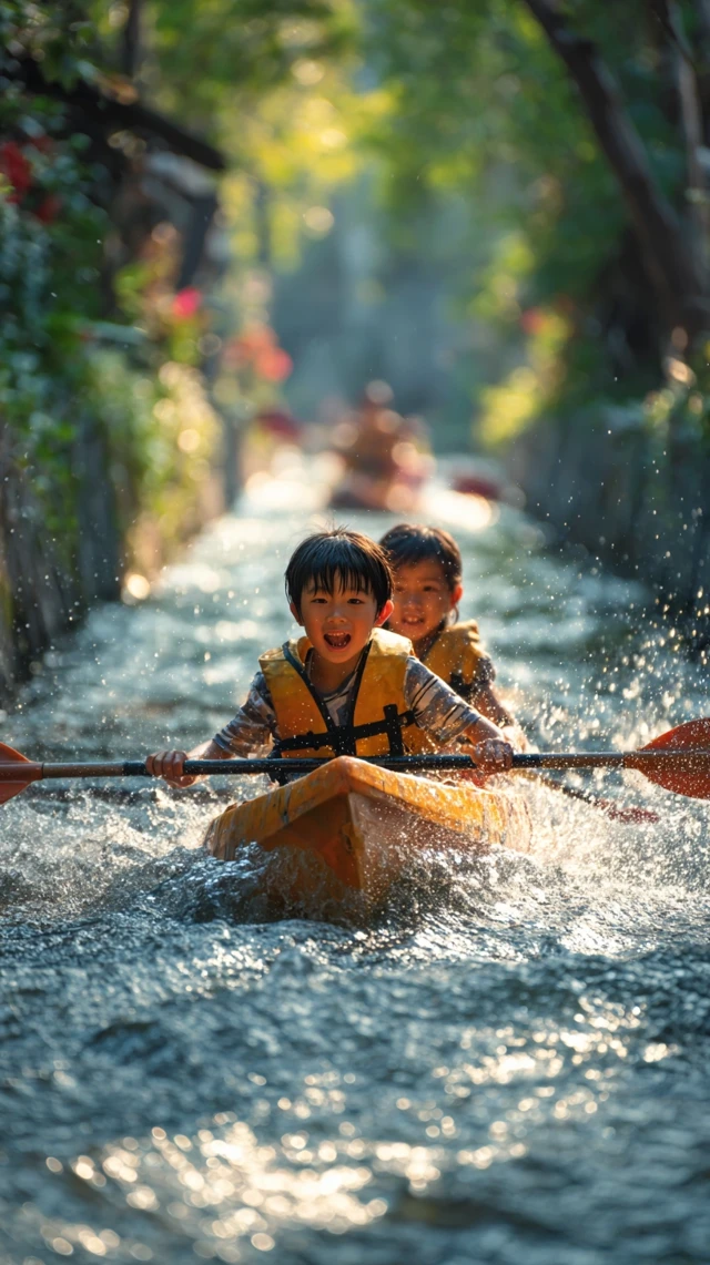 Asian Family Kayaking Fun Summer River Adventure