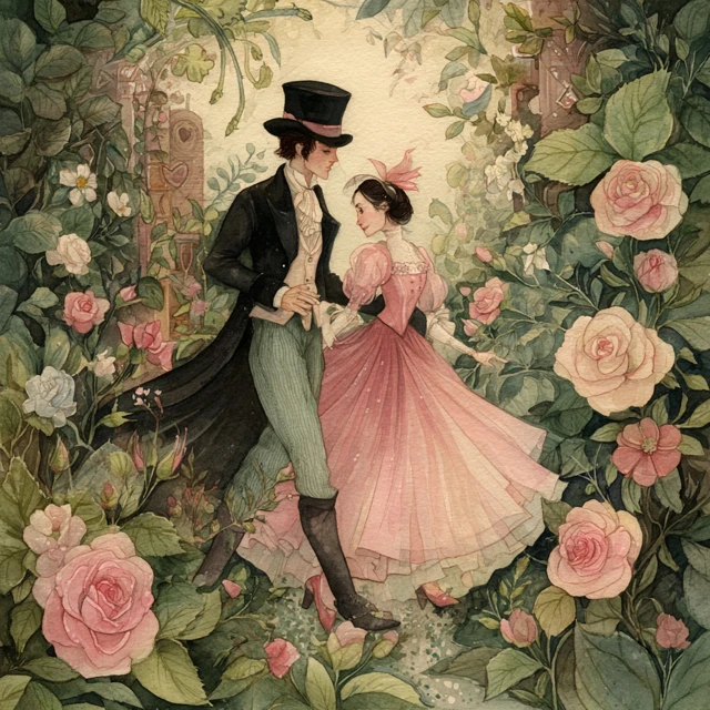 Victorian Couple Watercolor Painting in Rose Garden