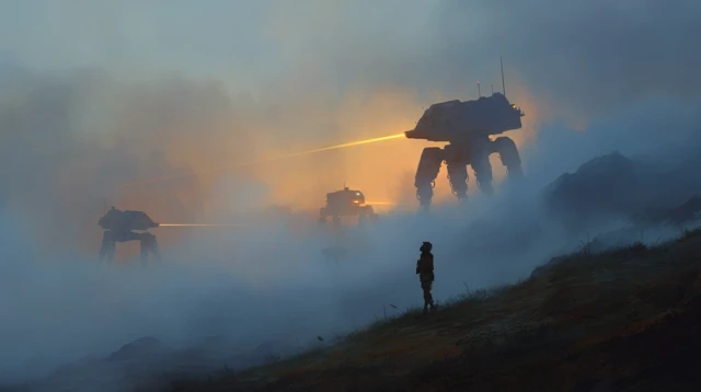 Mecha Battle on a Mountain Ridge at Dawn