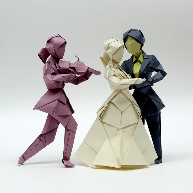 Origami of Business Woman Playing Violin and Couple Dancing
