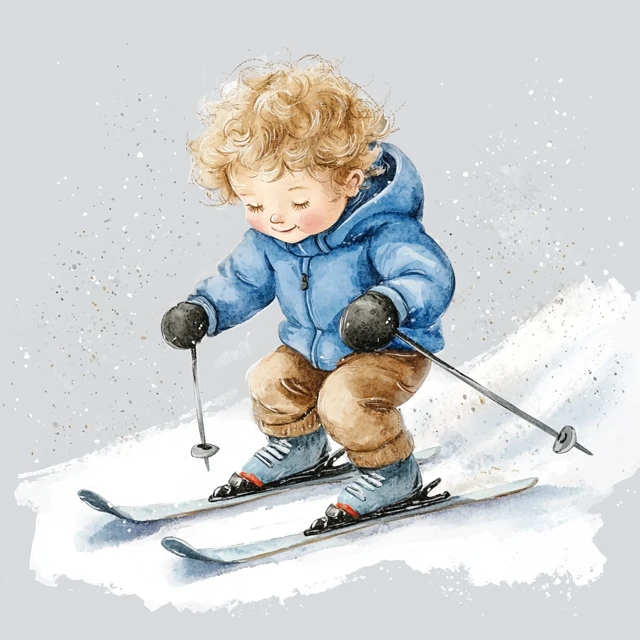 Cute Boy Skiing Watercolor Illustration