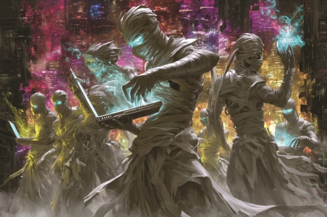 Cybernetic Mummies in a Futuristic City Art